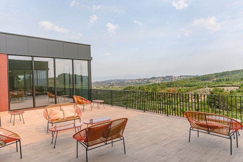 A rooftop terrace with wicker chairs and a glass wall overlooking a hilly landscape. 2