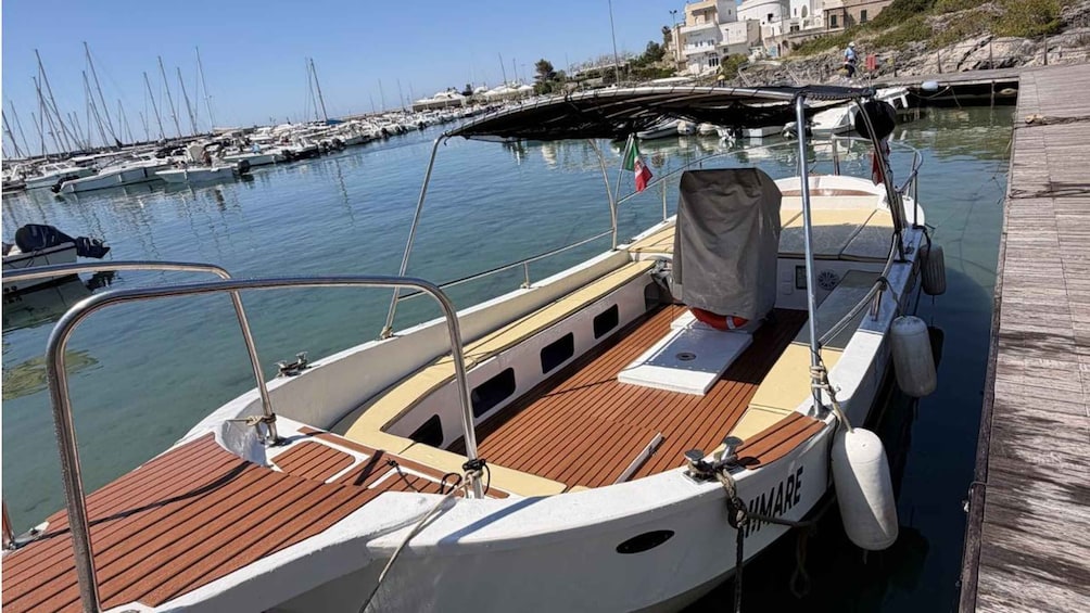 A boat docked at a marina with a wooden deck, a covered seating area, and a flag. 5