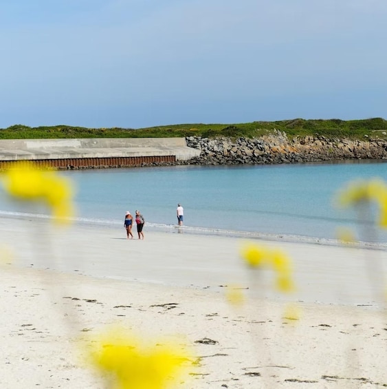 A beach with people walking, a rocky shoreline, and a concrete structure. 2
