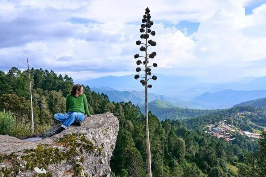 A person sitting on a rock with a mountainous landscape in the background. 3