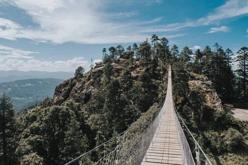 A suspension bridge in a forested mountainous area. 5