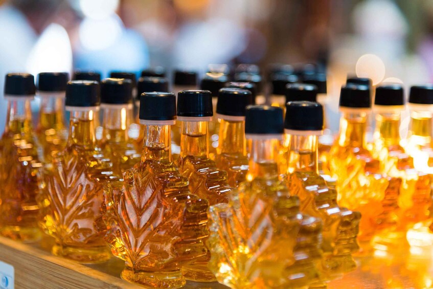 A display of amber-colored bottles with black caps, arranged closely together. 4