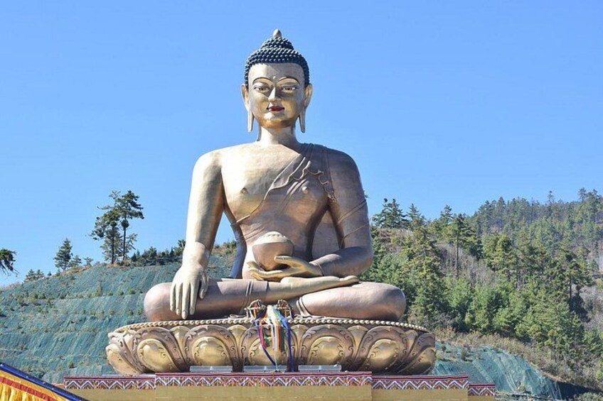 A large seated Buddha statue on a platform with intricate designs, surrounded by a forested hillside. 2