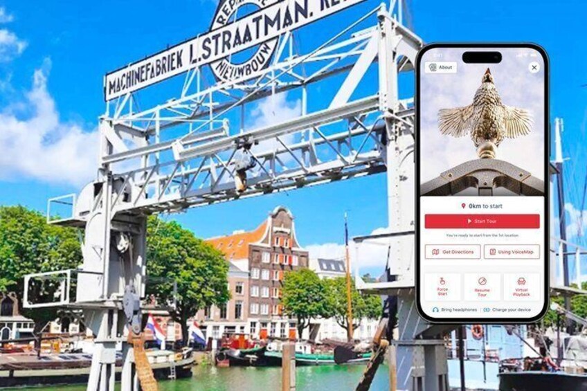 A smartphone with a map application, a bridge, and a canal with boats. 1