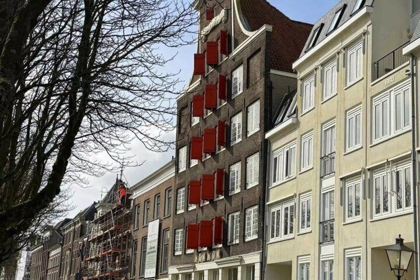 A row of historic buildings with red shutters, a clear sky, and a leafless tree. 3