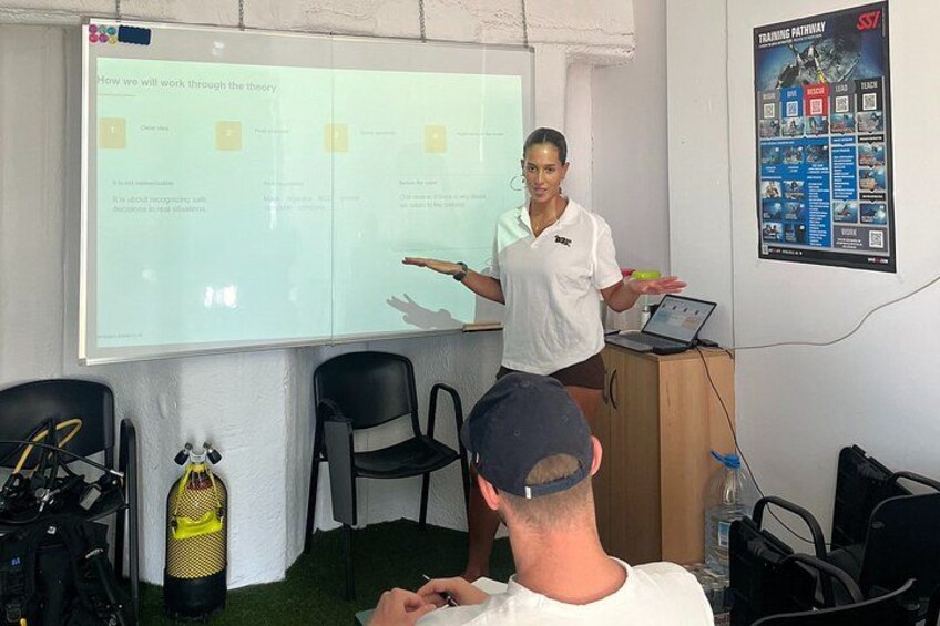 A person presenting in front of a projector screen with a training pathway poster on the wall. 4