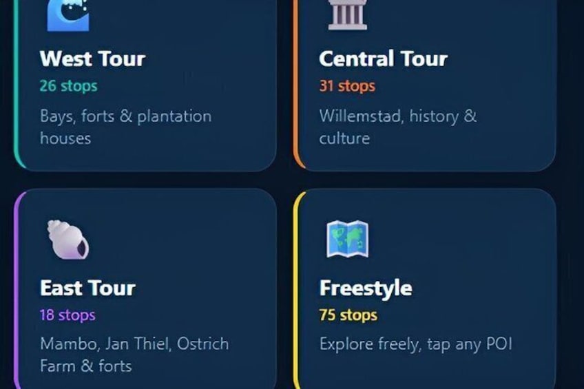Four tour options: West Tour (26 stops), Central Tour (31 stops), East Tour (18 stops), and Freestyle (75 stops). 1