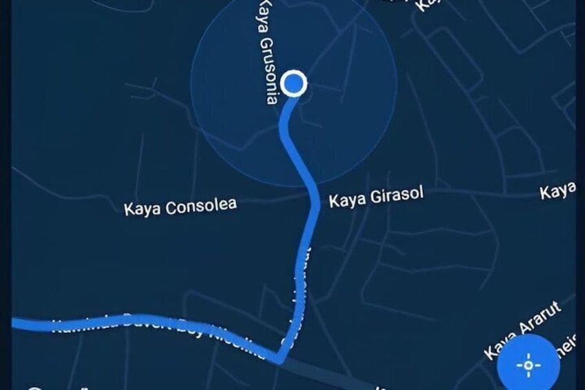A map with a blue line indicating a route or path, and labels for 'Kaya Grusonia' and 'Kaya Girasol'. 5