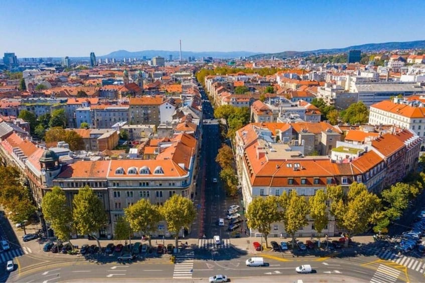 A cityscape with red-roofed buildings, a central road, and trees lining the streets. 2