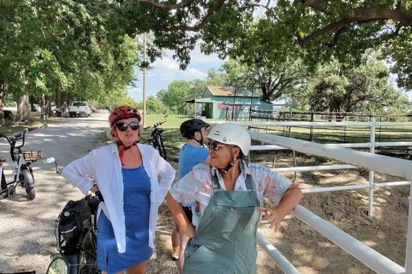 Two people standing by a fence, one wearing a helmet and the other in a blue dress. 5