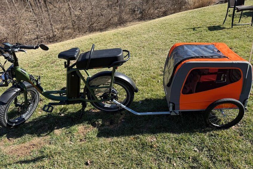 A green electric bike with a cargo trailer. 4