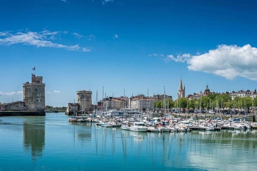 A harbor with boats, a historic tower, and a church. 4