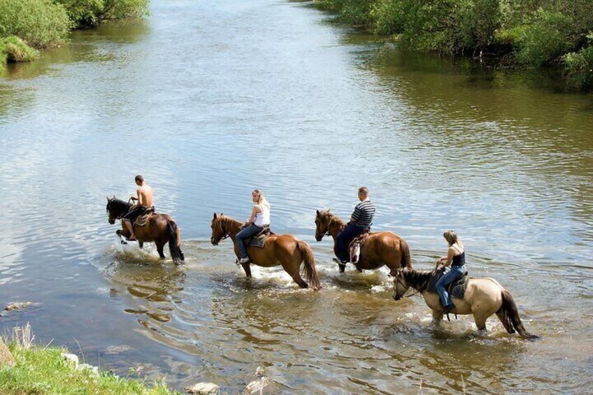 People riding horses across a shallow river. 2