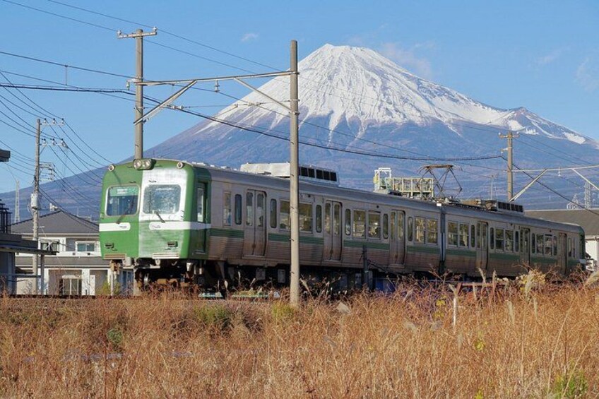 A green and white train on tracks with a snow-capped mountain in the background. 2