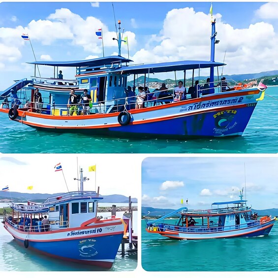 A blue and orange boat with multiple flags, docked at a pier with a mountainous backdrop. 5