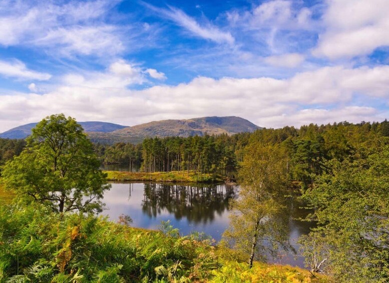 A lake surrounded by trees and mountains under a partly cloudy sky. 5