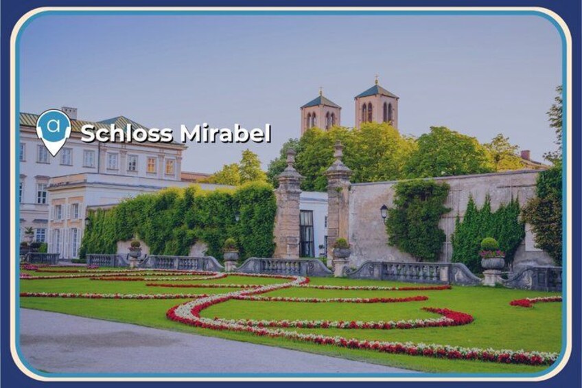 Schloss Mirabel with a garden, buildings, and towers. 5