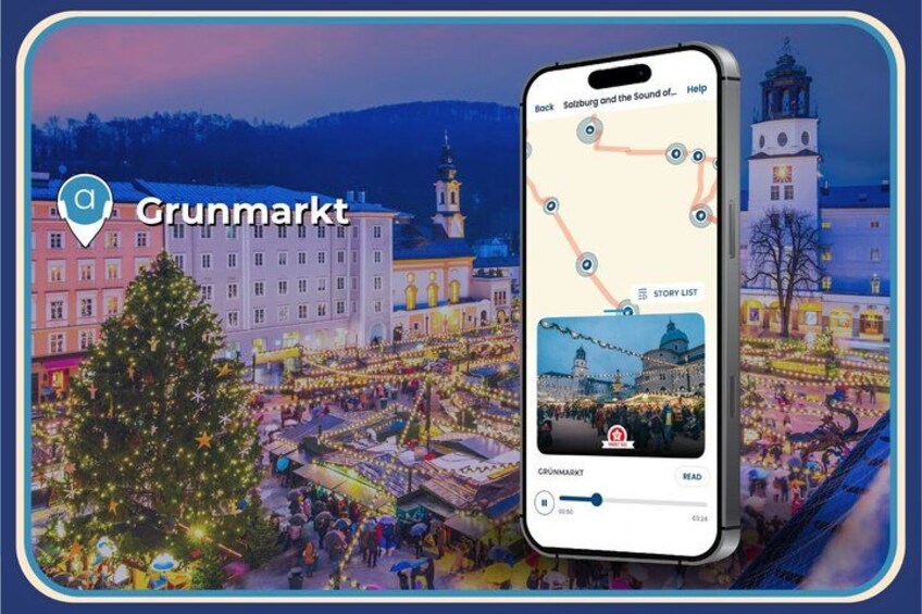 A smartphone displaying a map of Grunmarkt with a Christmas tree and buildings. 2