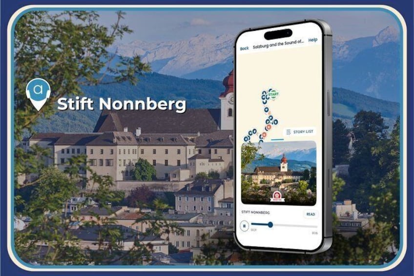 A smartphone displaying a map with a route marked from 'Stift Nonnberg' to 'Salzburg and the Sound of.' 5