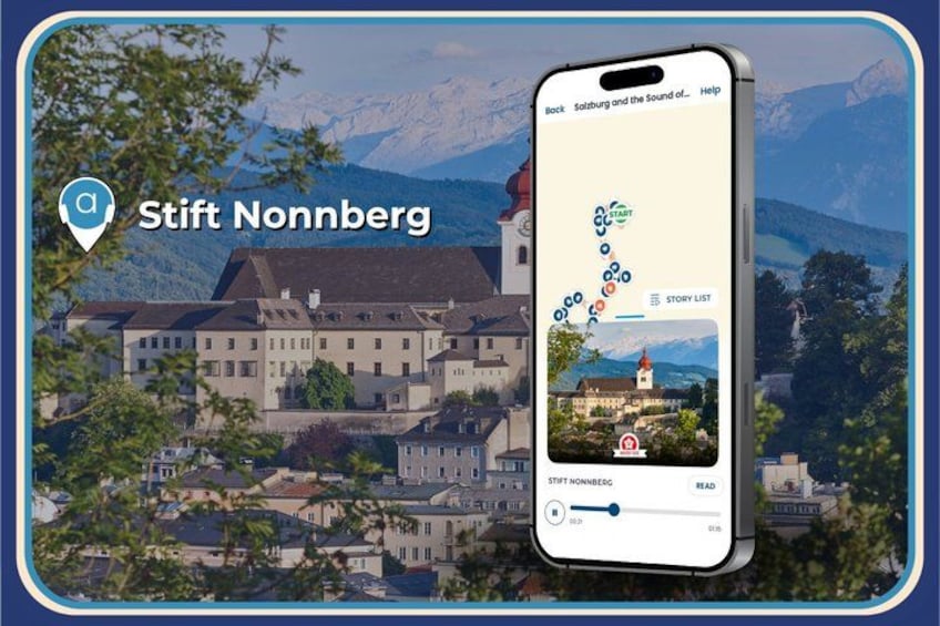 A smartphone displaying a map with a route marked by a blue line, labeled 'Stift Nonnberg,' and a pin icon indicating a location. 3