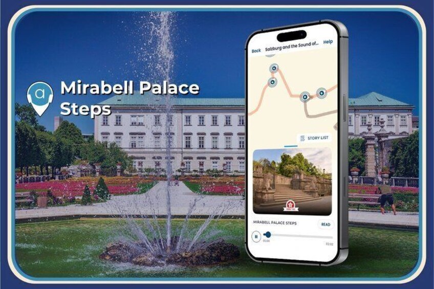 A smartphone displaying a map with Mirabel Palace Steps, a fountain, and a large building in the background. 3