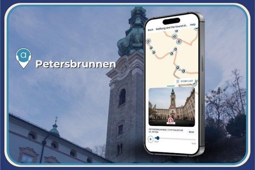 A smartphone displaying a map with the label 'Petersbrunnen' and a view of a historic building with a tower. 4