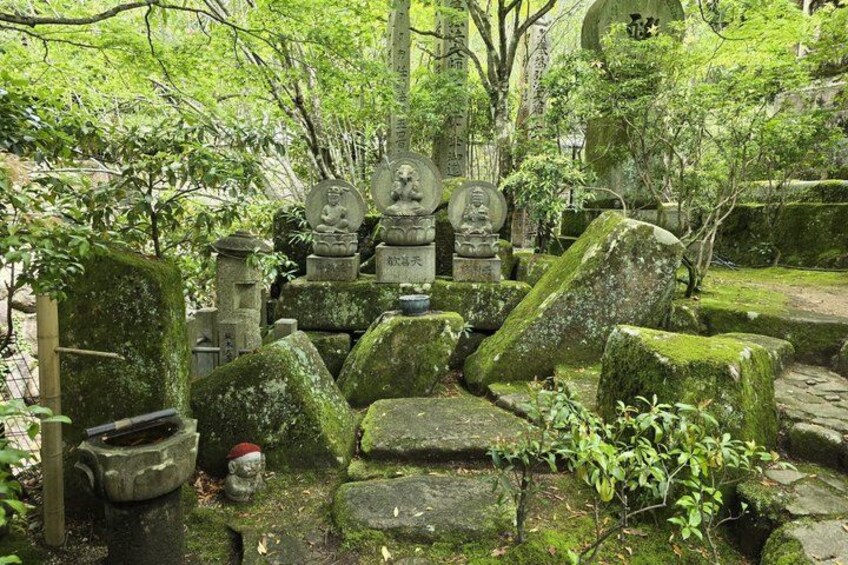 A serene cemetery with stone monuments and moss-covered gravestones, surrounded by lush greenery. 3
