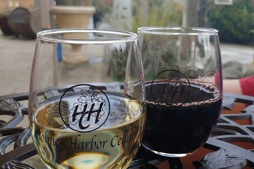 Dos copas de vino sobre una mesa de metal, una con vino blanco y la otra con vino tinto, ambas con un logotipo. 5