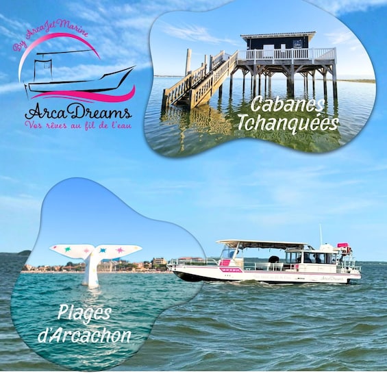 A boat with a pier, a dock, and a beach scene. 2