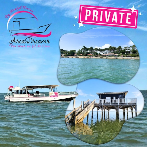 A private boat, a pier, and a waterfront scene. 1