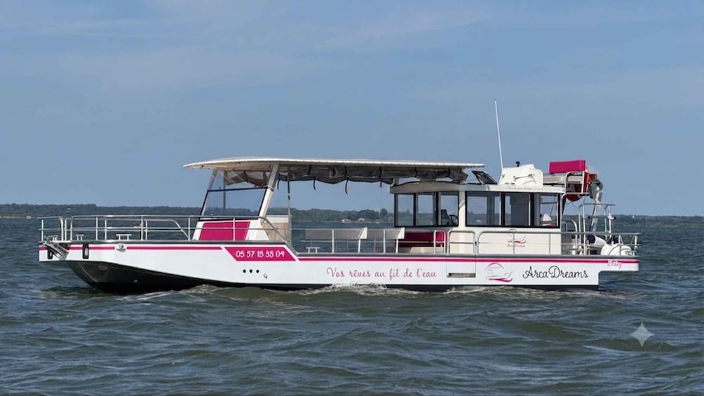 A boat with a white and pink color scheme, a covered upper deck, and the text 'Arca Dreams' on its side. 3
