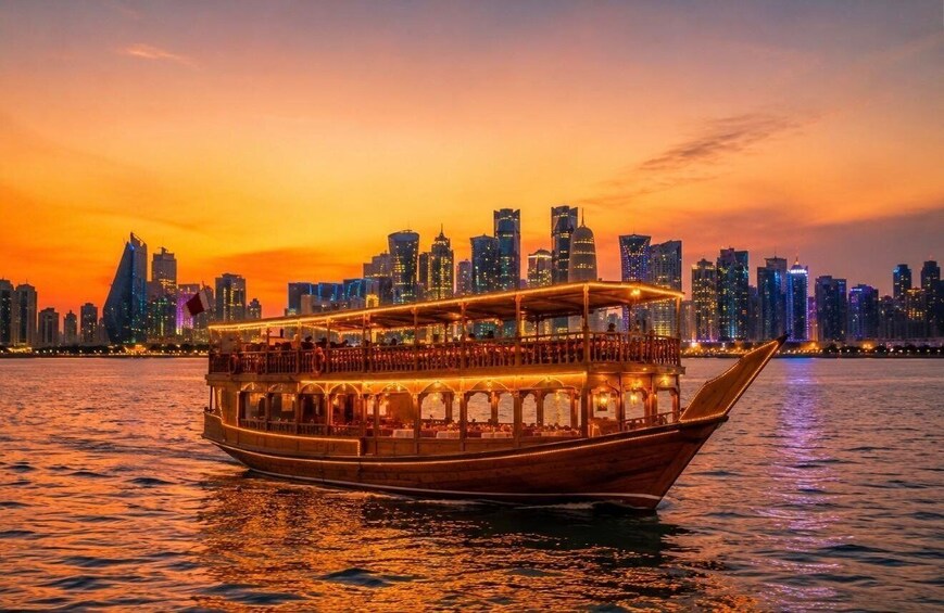 A boat with multiple decks and lights, sailing on water with a city skyline in the background. 2