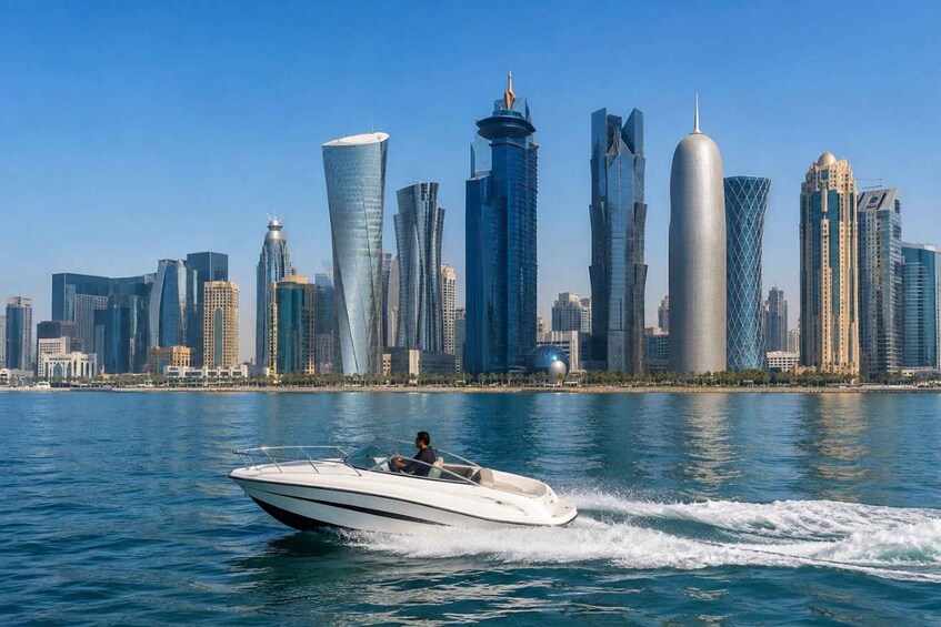A city skyline with modern skyscrapers and a boat moving across the water. 2