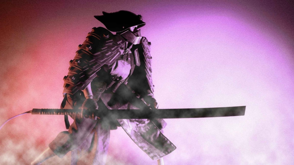 A person in a costume with a sword, surrounded by smoke. 2