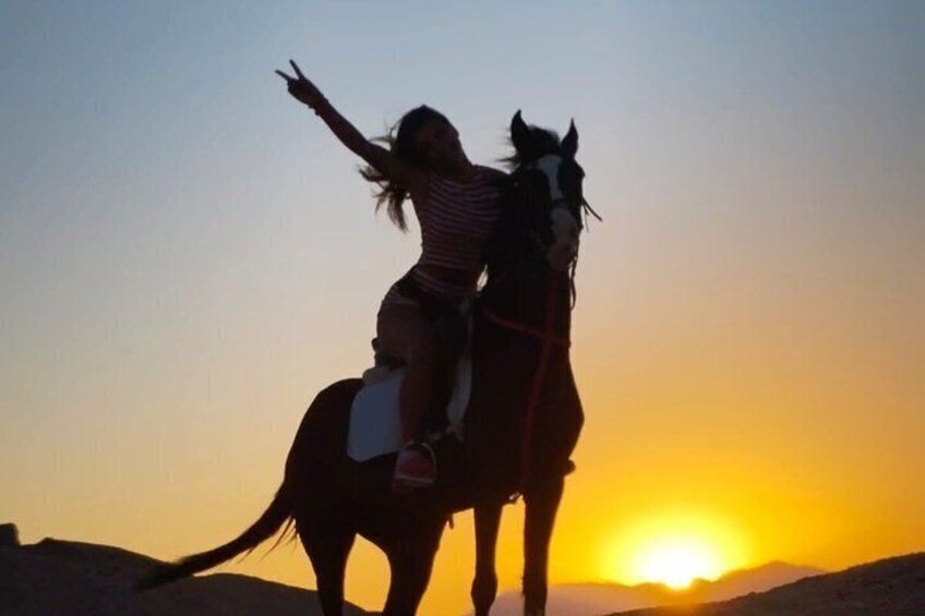 A person riding a horse against a sunset backdrop. 2