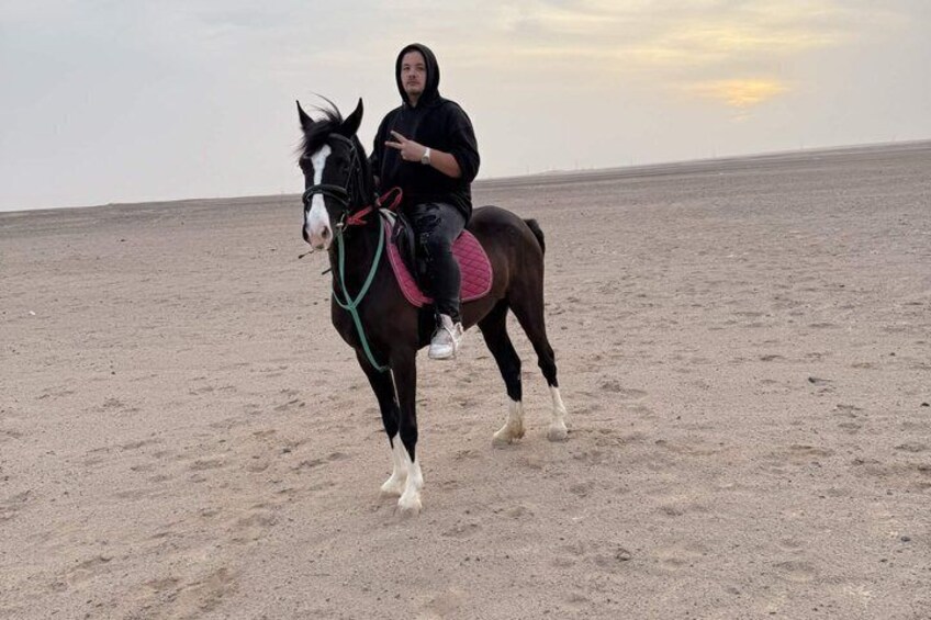 A person riding a horse on a sandy beach with a clear sky. 5