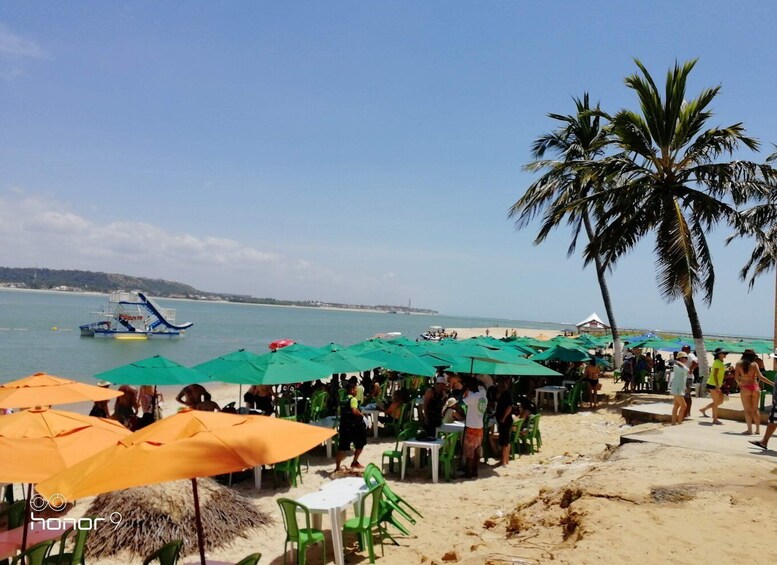 A beach with people, green umbrellas, and a boat in the water. 5