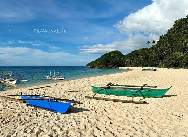 A beach with boats, clear water, and a forested hill. 3