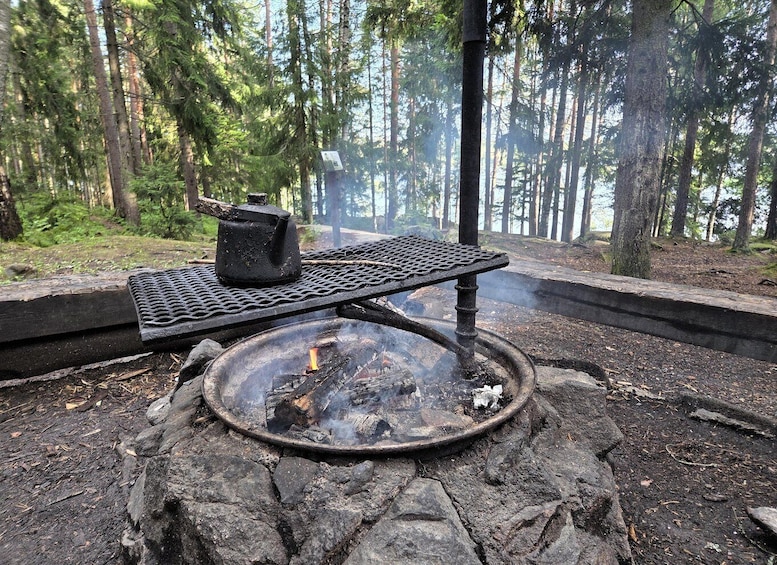 A campfire with a kettle and a metal grill in a forest. 4