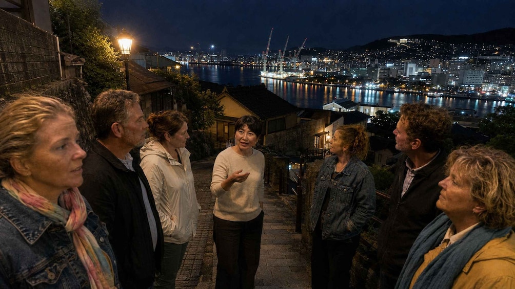 A group of people standing on a street at night with a cityscape and port in the background. 2