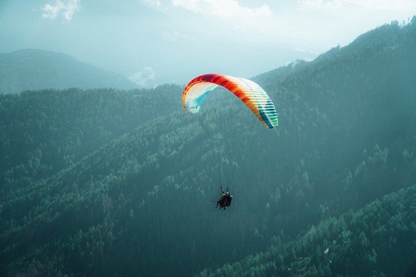 A paraglider in mid-flight over a forested mountain range. 5