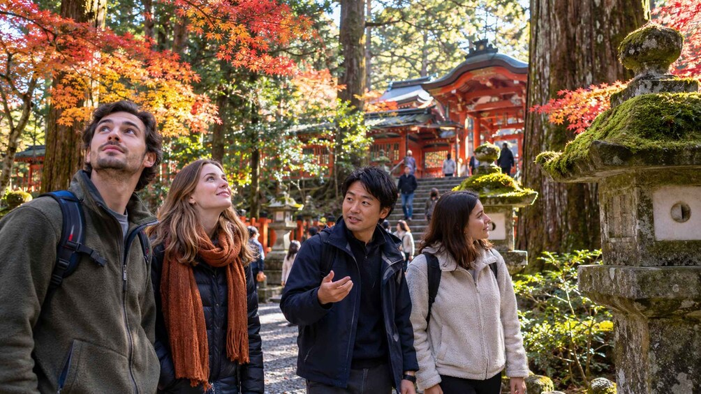 A group of people in a forested area with traditional Japanese architecture, including a torii gate and a pagoda. 2