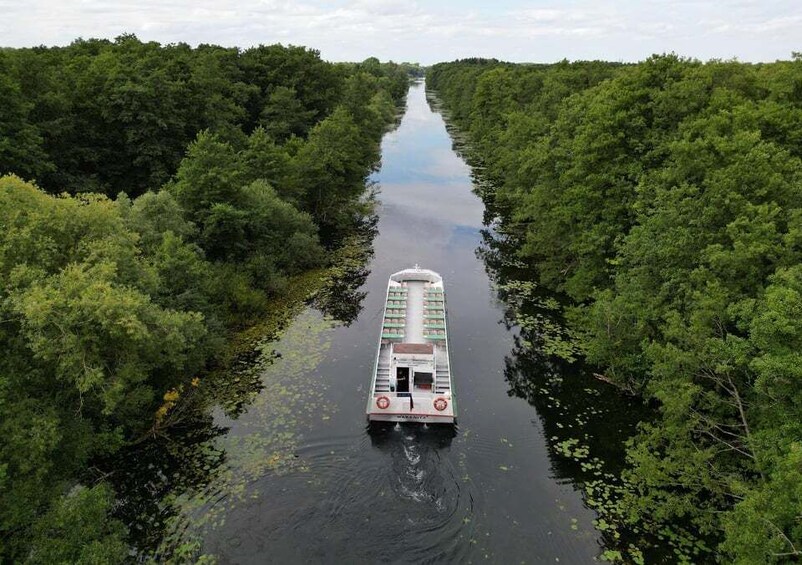A narrow waterway flanked by dense green foliage, with a boat traveling down the center. 1