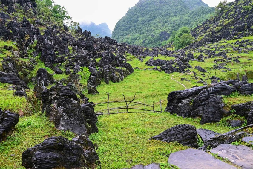 A rugged landscape with large boulders and a grassy field. 3