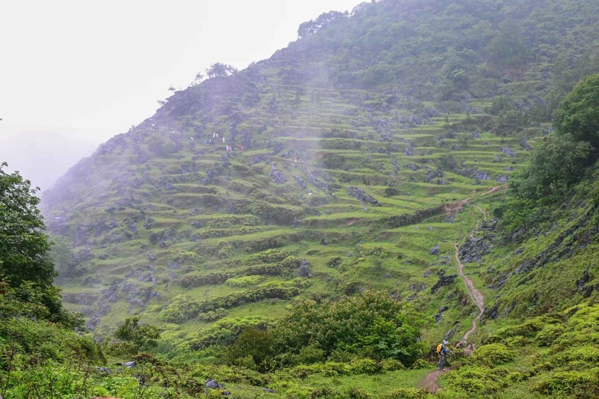 A hilly landscape with terraced fields and a narrow path. 2