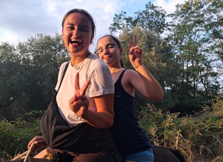 Two people on a horse in a wooded area. 1