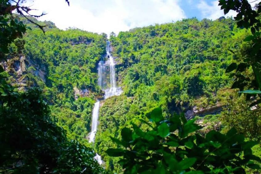 A waterfall cascading down a lush green mountain. 1