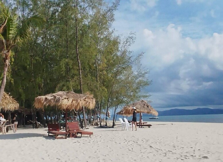 Ein Strand mit Strohdächern, Holzbanken und Palmen. 4