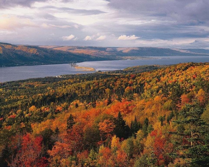 A forested landscape with autumn foliage, a lake, and distant mountains. 1