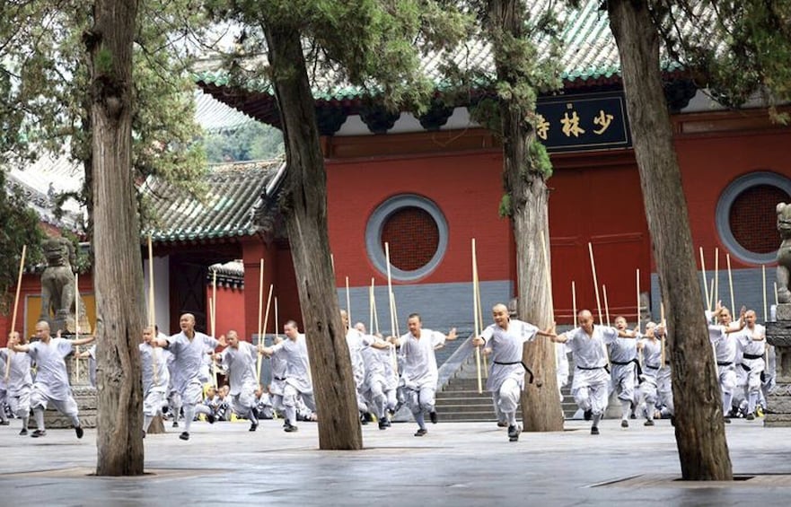 A group of people in traditional martial arts attire performing synchronized movements in an outdoor setting with trees and a building in the background. 1